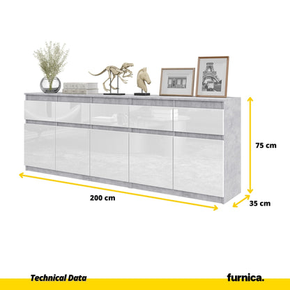 NOAH - Cassettiera a 5 cassetti e 5 ante - Credenza per camera da letto - Calcestruzzo / Bianco Lucido H75cm L200cm P35cm
