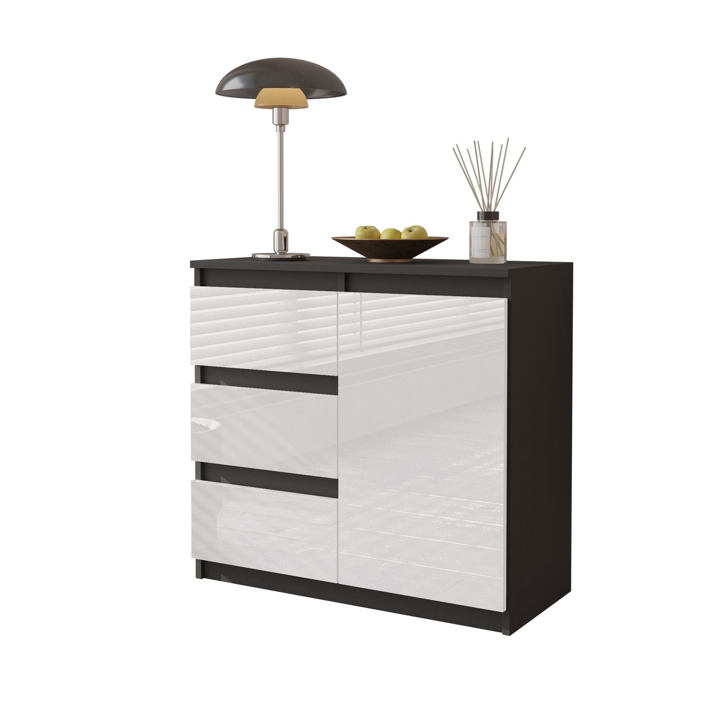 MIKEL - Cassettiera con 3 cassetti e 1 anta - Credenza per camera da letto - Antracite / Bianco Lucido