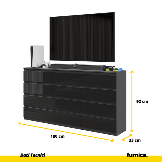 GABRIEL - Cassettiera a 12 cassetti (8+4) - Credenza per camera da letto - Antracite / Nero Lucido