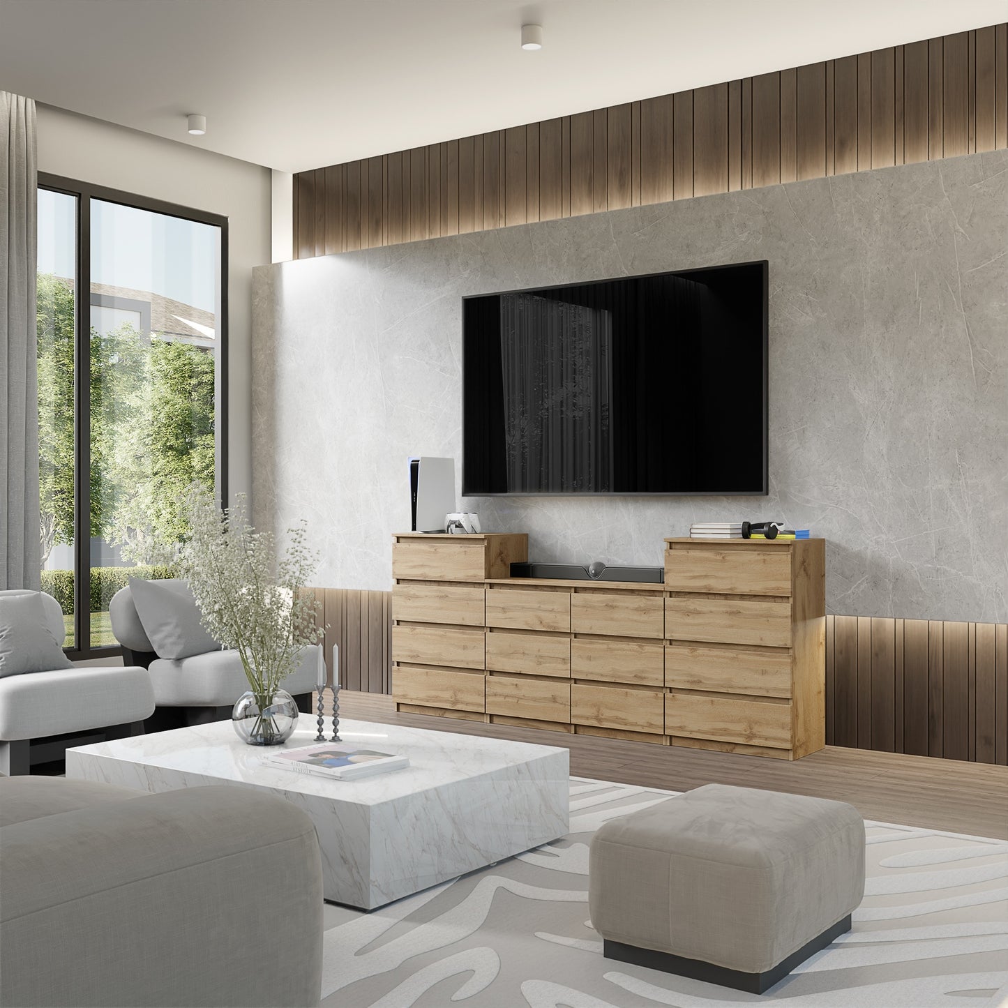 GABRIEL - Cassettiera a 14 cassetti (4+6+4) - Credenza Armadio Camera da letto - Rovere Wotan
