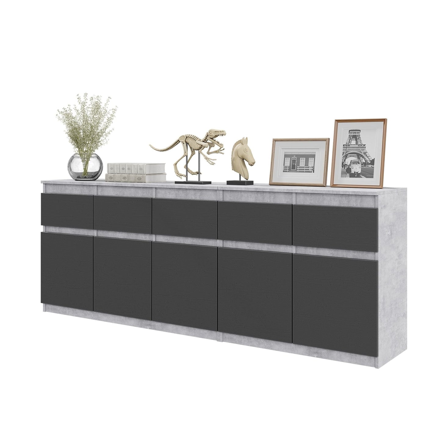 NOAH - Cassettiera a 5 cassetti e 5 ante - Credenza per camera da letto - Calcestruzzo / Antracite H75cm L200cm P35cm