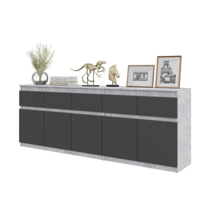 NOAH - Cassettiera a 5 cassetti e 5 ante - Credenza per camera da letto - Calcestruzzo / Antracite H75cm L200cm P35cm