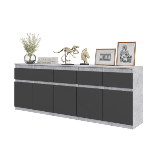 NOAH - Cassettiera a 5 cassetti e 5 ante - Credenza per camera da letto - Calcestruzzo / Antracite H75cm L200cm P35cm