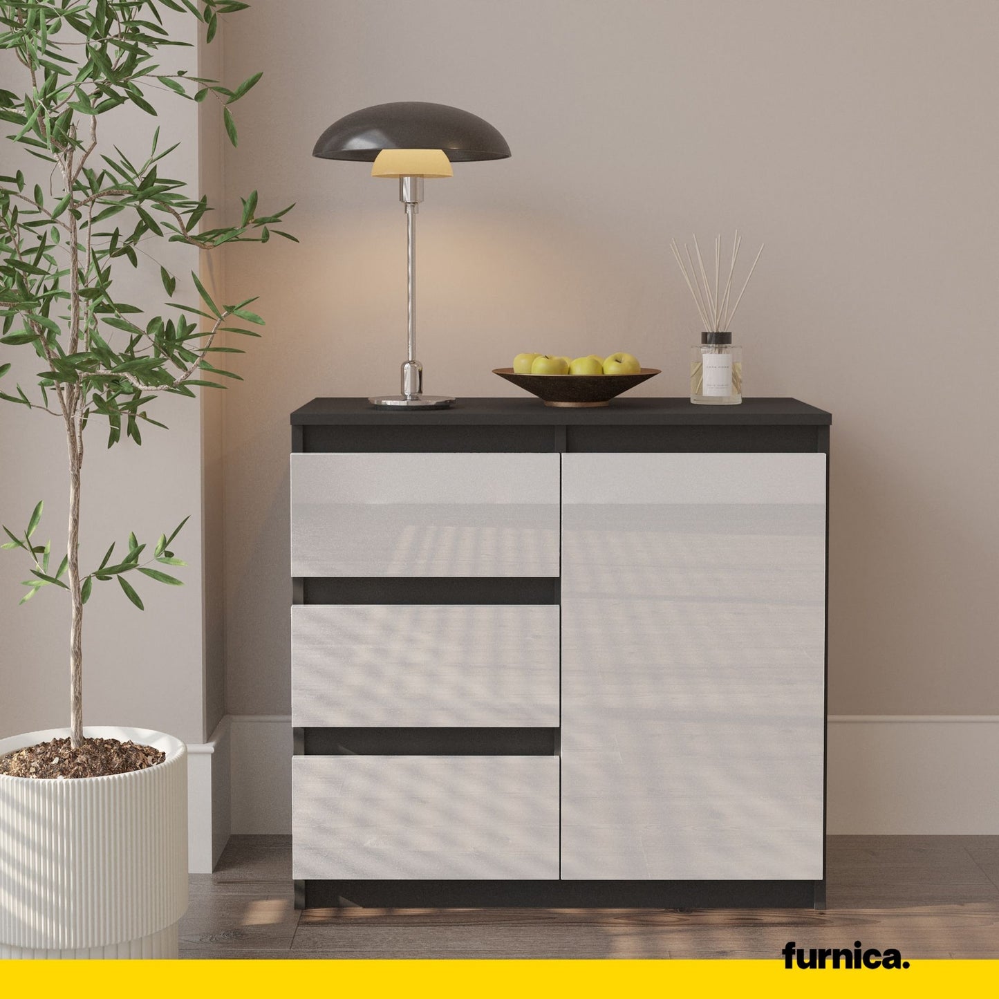 MIKEL - Cassettiera con 3 cassetti e 1 anta - Credenza per camera da letto - Antracite / Bianco Lucido