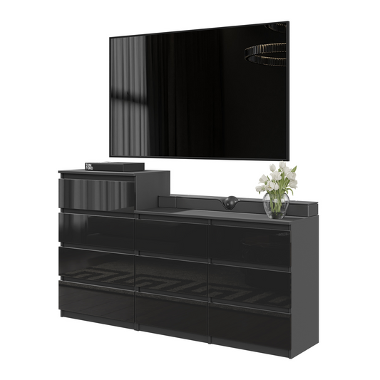 GABRIEL - Cassettiera a 10 cassetti (6+4) - H92/70 cm L160 cm P33 cm - Anthracite / Nero Lucido