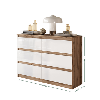 GABRIEL - Cassettiera a 6 cassetti - Credenza per camera da letto - Rovere di Wotan / Bianco Lucido