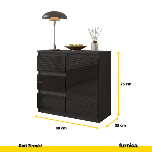 MIKEL - Cassettiera con 3 cassetti e 1 anta - Credenza per camera da letto - Antracite / Nero Lucido
