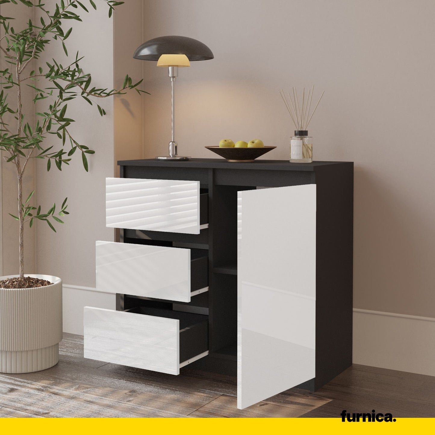 MIKEL - Cassettiera con 3 cassetti e 1 anta - Credenza per camera da letto - Antracite / Bianco Lucido