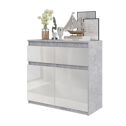 NOAH - Cassettiera con 2 cassetti e 2 ante - Credenza per camera da letto - Calcestruzzo / Bianco Lucido