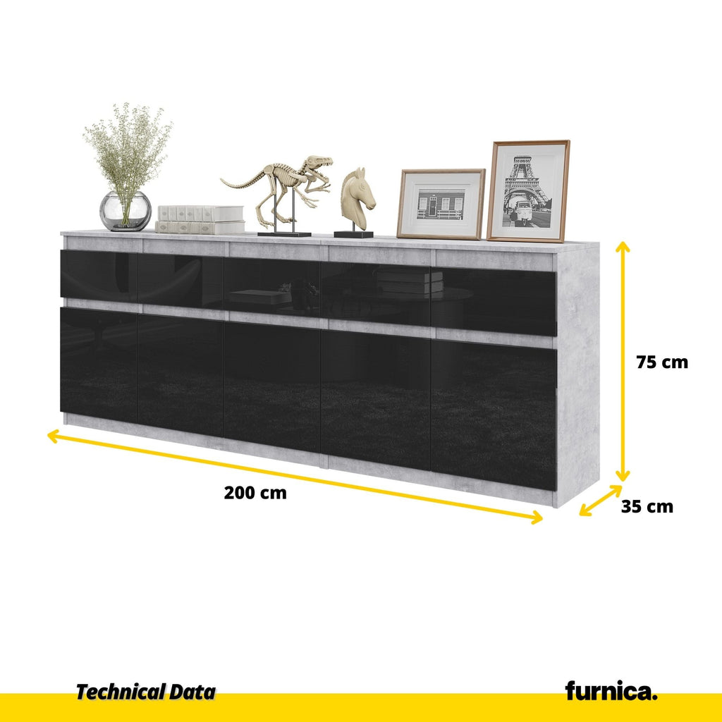 NOAH - Cassettiera a 5 cassetti e 5 ante - Credenza per camera da letto - Calcestruzzo / Nero Lucido H75cm L200cm P35cm