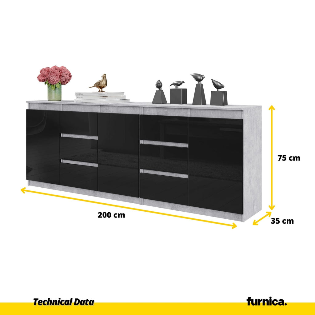 MIKEL - Cassettone con 6 cassetti e 3 ante - Credenza per camera da letto - Calcestruzzo / Nero Lucido H75cm L200cm P35cm