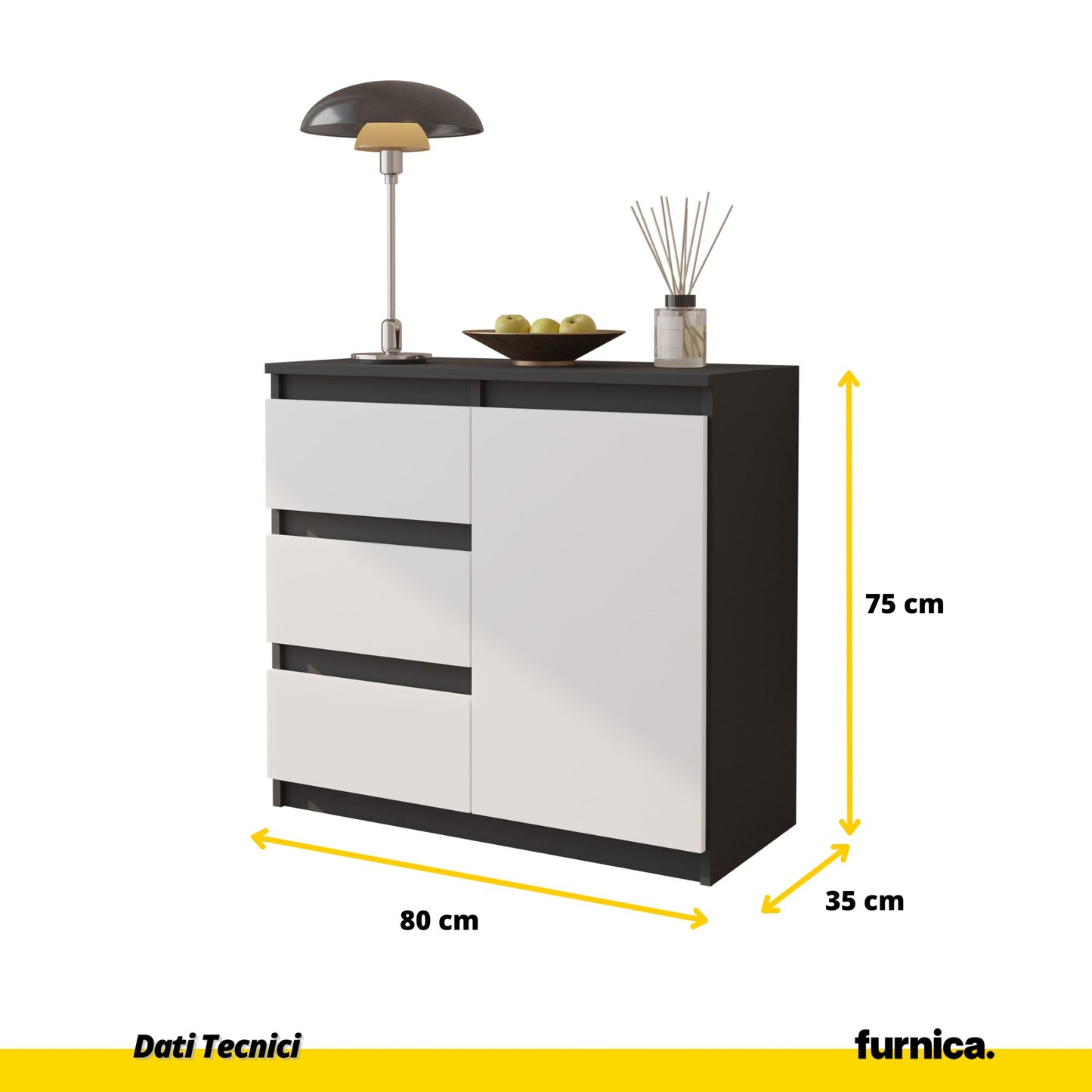 MIKEL - Cassettiera con 3 cassetti e 1 anta - Credenza per camera da letto - Antracite / Bianco Opaco