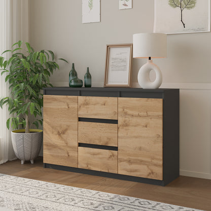MIKEL - Cassettiera con 3 cassetti e 2 ante - Credenza per camera da letto - Antracite / Quercia Wotan