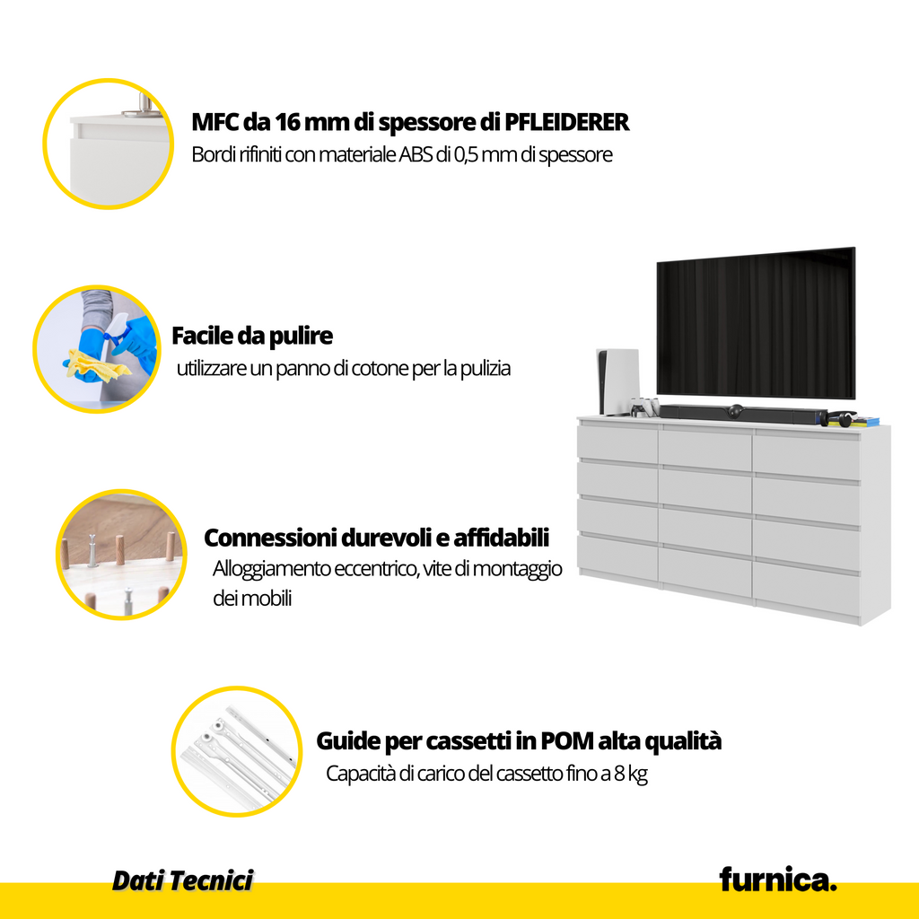 GABRIEL - Cassettiera a 12 cassetti (8+4) - Credenza per camera da letto - Quercia Sonoma / Nero Lucido