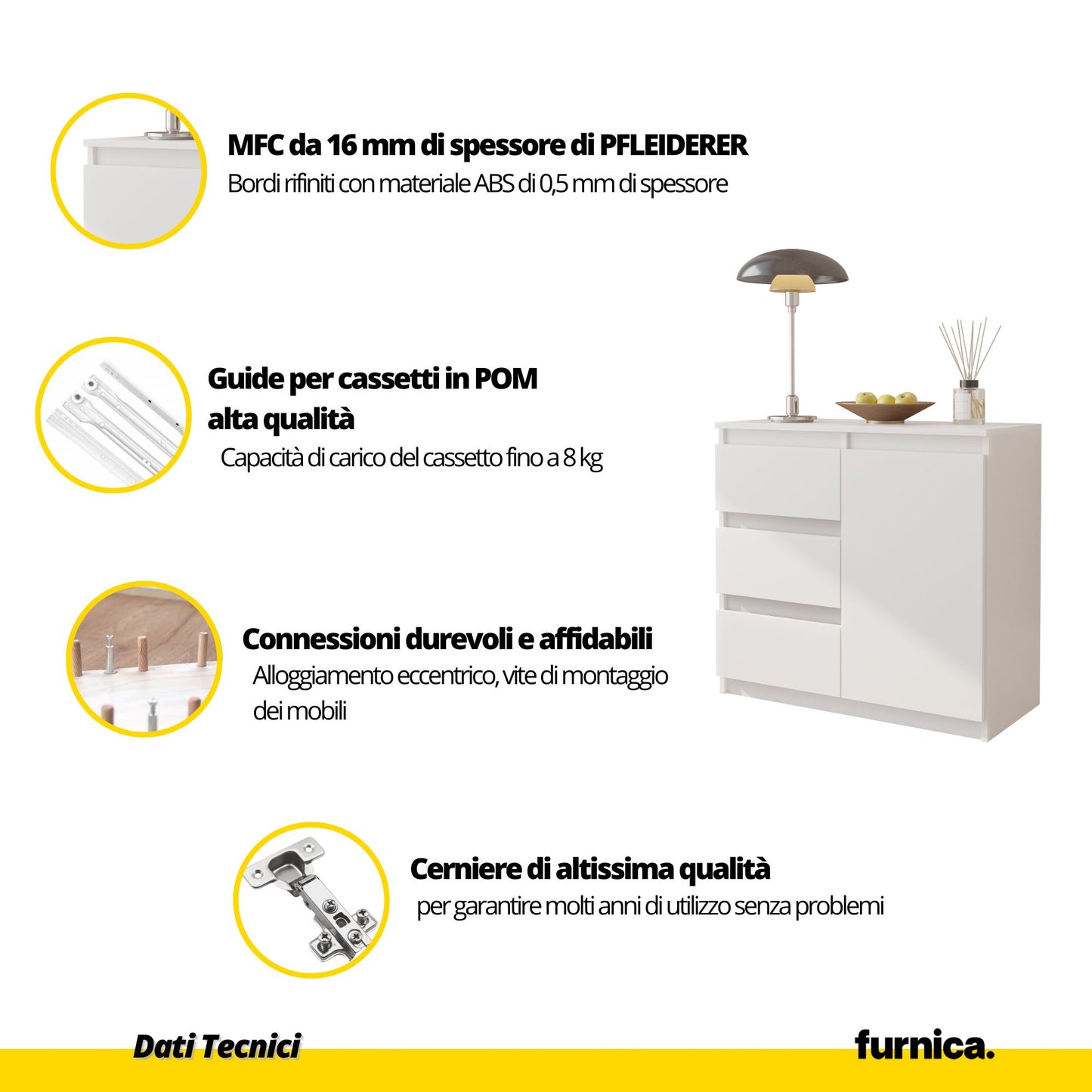MIKEL - Cassettiera con 3 cassetti e 1 anta - Credenza per camera da letto - Antracite / Bianco Lucido