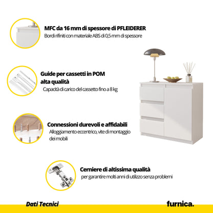 MIKEL - Cassettiera con 3 cassetti e 1 anta - Credenza per camera da letto - Antracite / Bianco Lucido