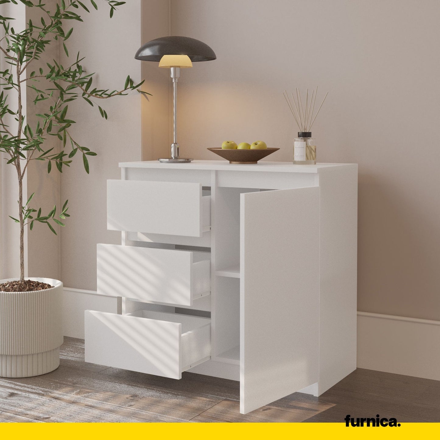 MIKEL - Cassettiera con 3 cassetti e 1 anta - Credenza per camera da letto - Bianco Opaco