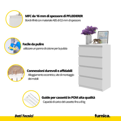 GABRIEL - Comò a 4 cassetti - Credenza per camera da letto - Bianco opaco / Bianco lucido