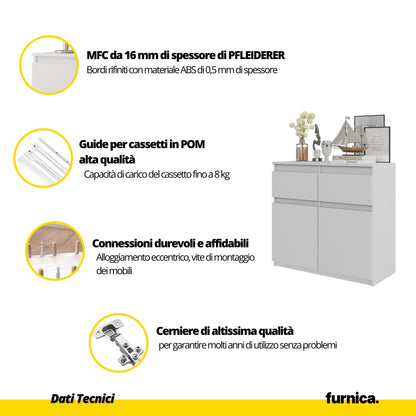 NOAH - Cassettiera con 2 cassetti e 2 ante - Credenza per camera da letto - Bianco Opaco / Calcestruzzo