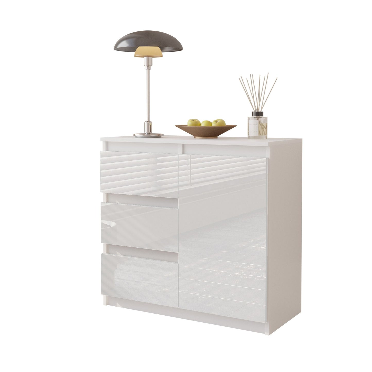 MIKEL - Cassettiera con 3 cassetti e 1 anta - Credenza per camera da letto - Bianco Opaco / Bianco Lucido