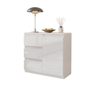 MIKEL - Cassettiera con 3 cassetti e 1 anta - Credenza per camera da letto - Bianco Opaco / Bianco Lucido