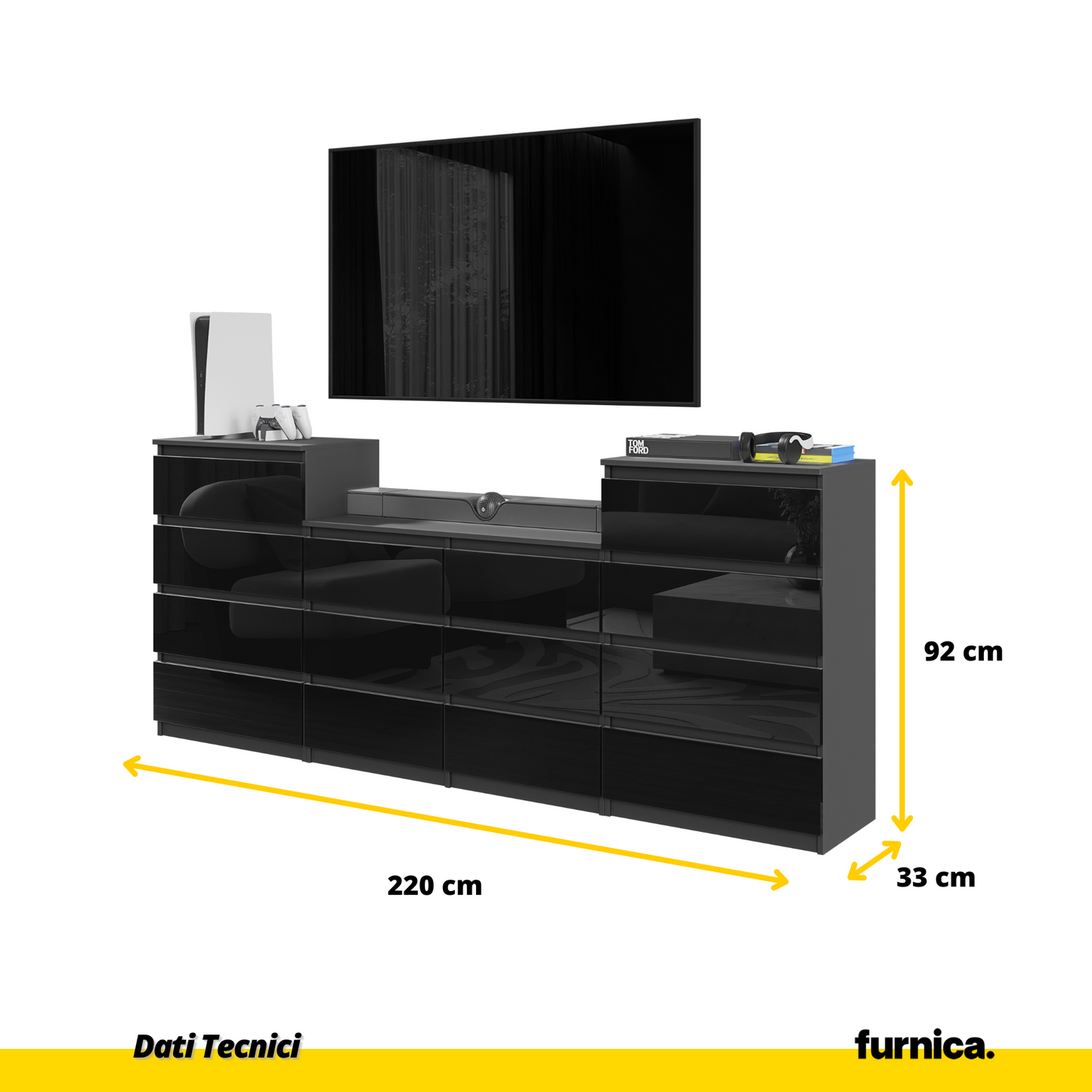 GABRIEL - Cassettiera a 14 cassetti (4+6+4) - Credenza per camera da letto - Antracite / Nero Lucido