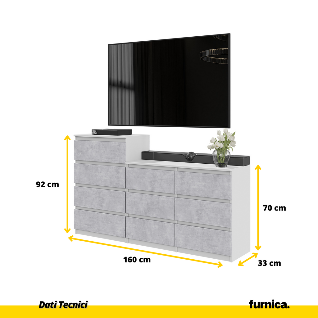 GABRIEL - Commode 10 Tiroirs (6+4) - H92/70 cm L160 cm P33 cm - Bianco Opaco / Calcestruzzo