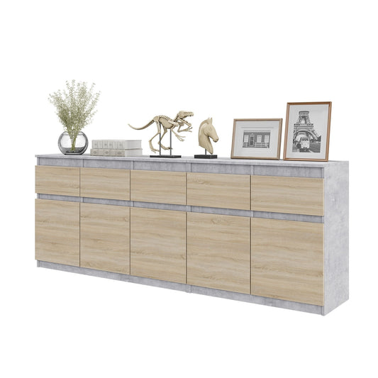 NOAH - Cassettiera a 5 cassetti e 5 ante - Credenza per camera da letto - Calcestruzzo / Rovere Sonoma H75cm L200cm P35cm