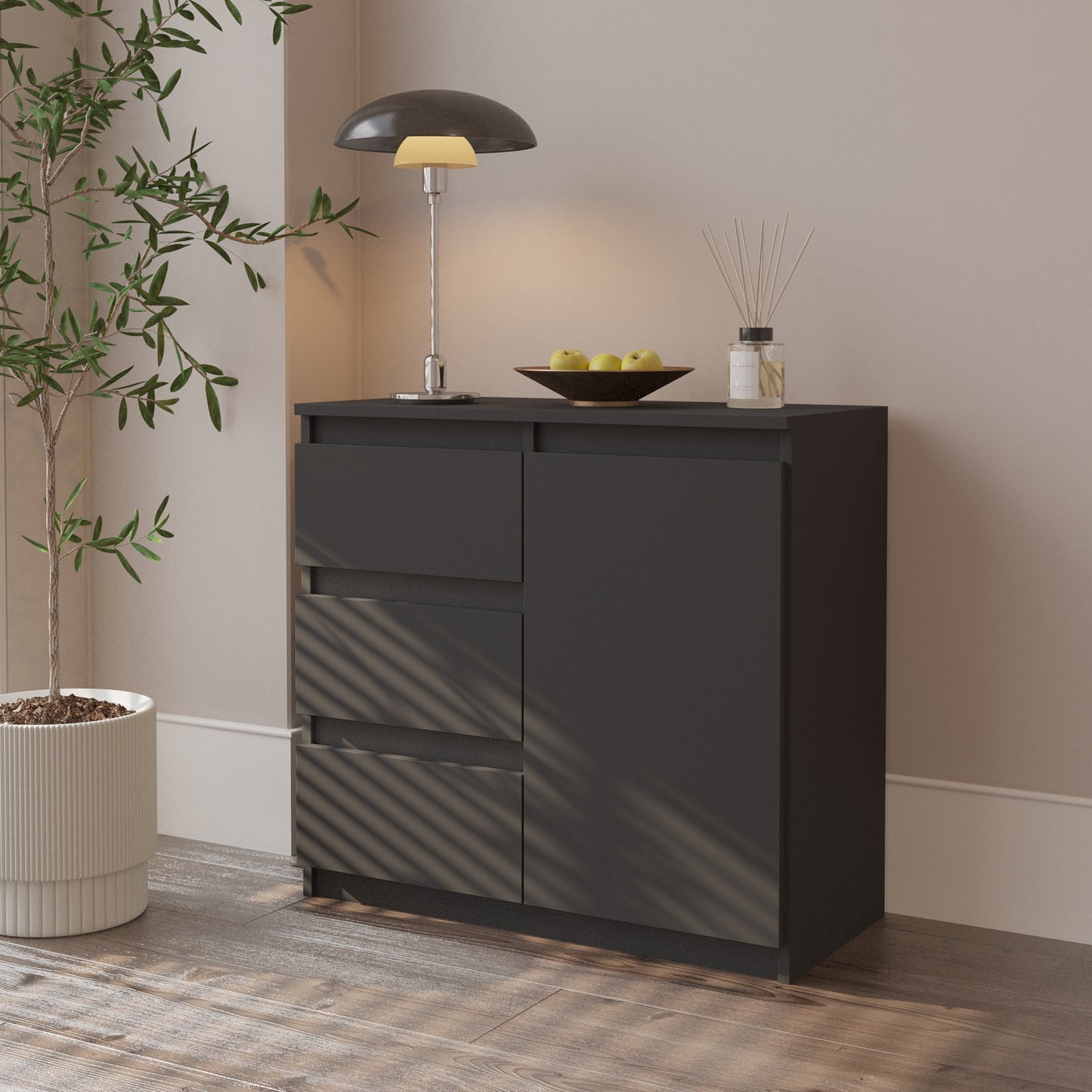 MIKEL - Cassettiera con 3 cassetti e 1 anta - Credenza per camera da letto - Antracite