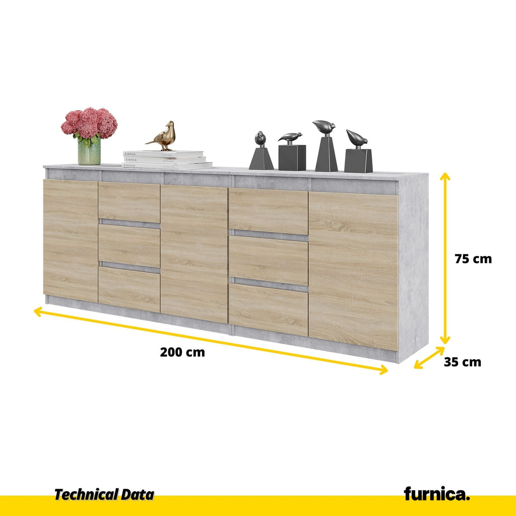 MIKEL - Cassettone con 6 cassetti e 3 ante - Credenza per camera da letto - Calcestruzzo / Rovere Sonoma H75cm L200cm P35cm