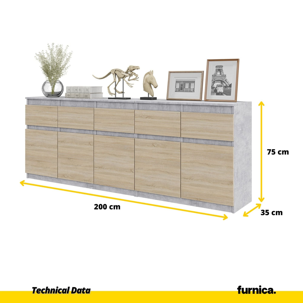 NOAH - Cassettiera a 5 cassetti e 5 ante - Credenza per camera da letto - Calcestruzzo / Rovere Sonoma H75cm L200cm P35cm