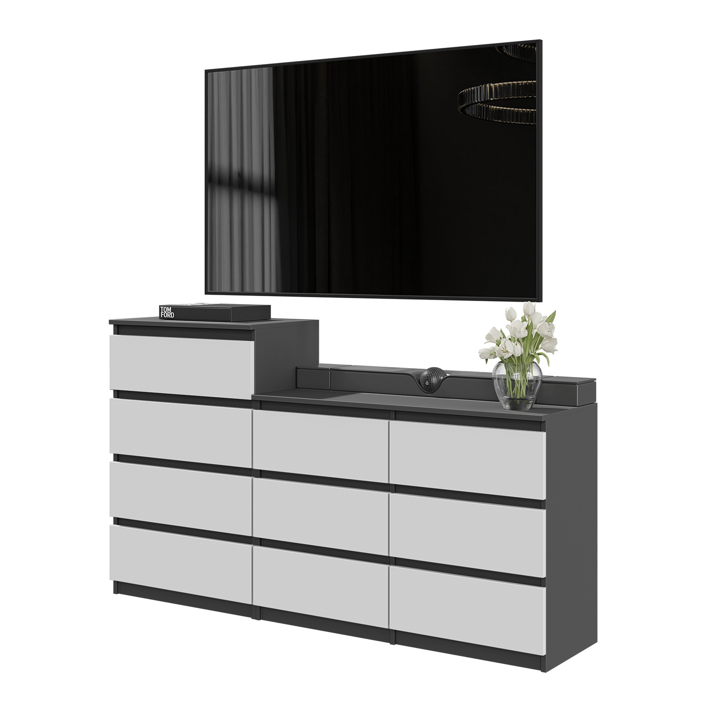 GABRIEL - Cassettiera a 10 cassetti (6+4) - H92/70 cm L160 cm P33 cm - Antracite / Bianco Opaco