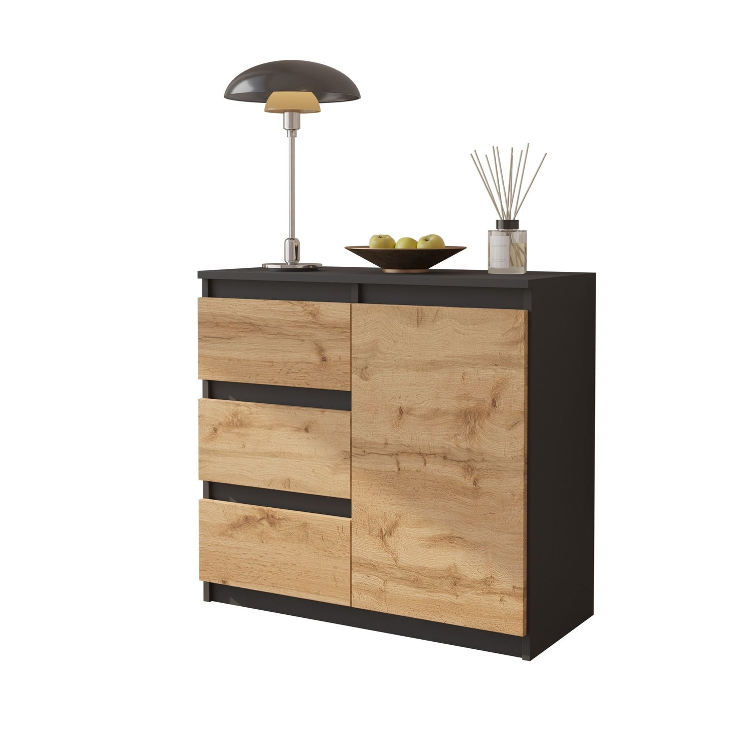 MIKEL - Cassettone con 3 cassetti e 1 anta - Credenza per camera da letto - Antracite / Rovere Wotan