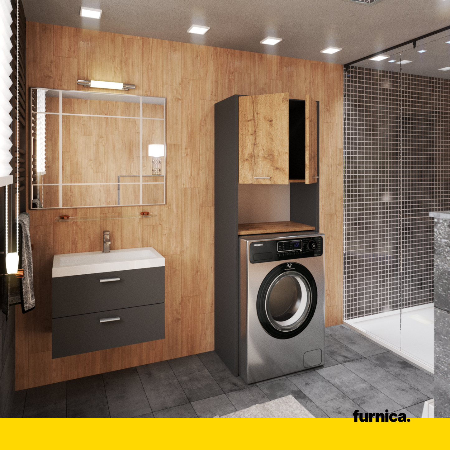 EMMA - Mobile bagno con ante e ripiani - Antracite / Rovere Wotan H165cm L64cm P30cm