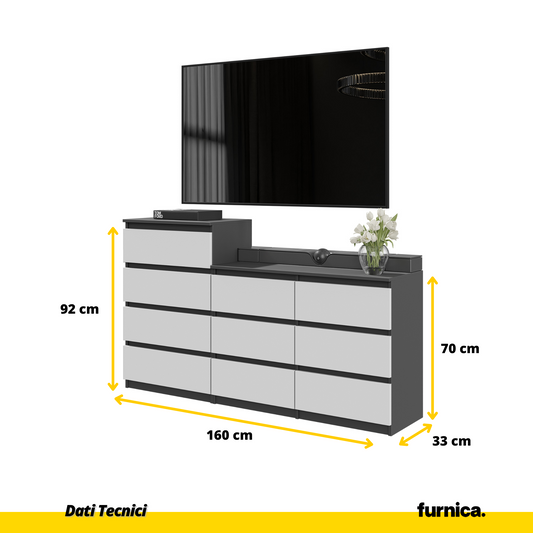 GABRIEL - Cassettiera a 10 cassetti (6+4) - H92/70 cm L160 cm P33 cm - Antracite / Bianco Opaco