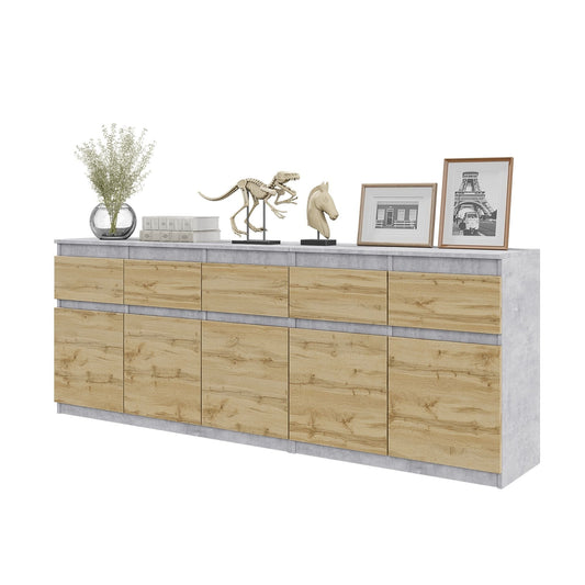 NOAH - Cassettiera a 5 cassetti e 5 ante - Credenza per camera da letto - Calcestruzzo / Rovere Wotan H75cm L200cm P35cm