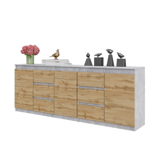 MIKEL - Cassettone con 6 cassetti e 3 ante - Credenza per camera da letto - Calcestruzzo / Wotan H75cm L200cm P35cm