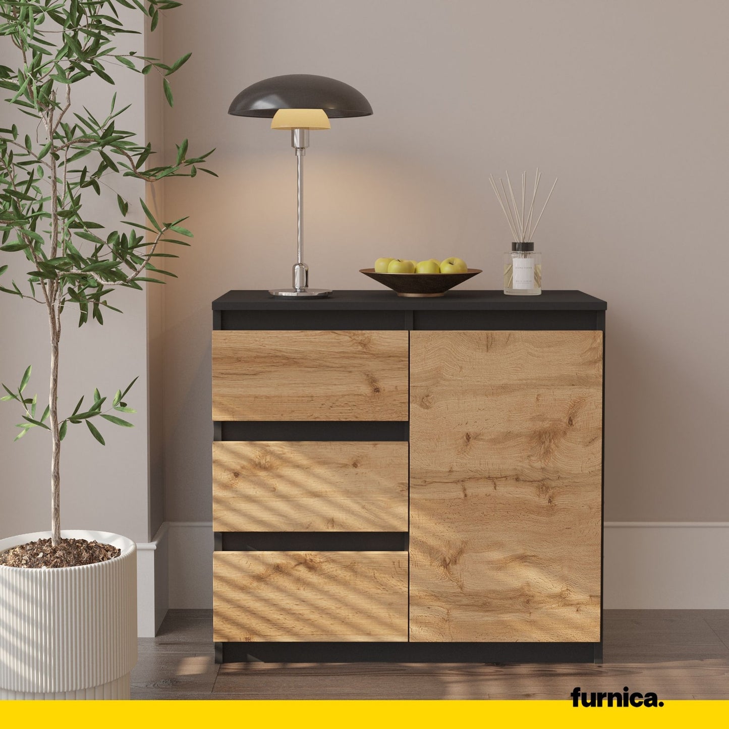 MIKEL - Cassettone con 3 cassetti e 1 anta - Credenza per camera da letto - Antracite / Rovere Wotan