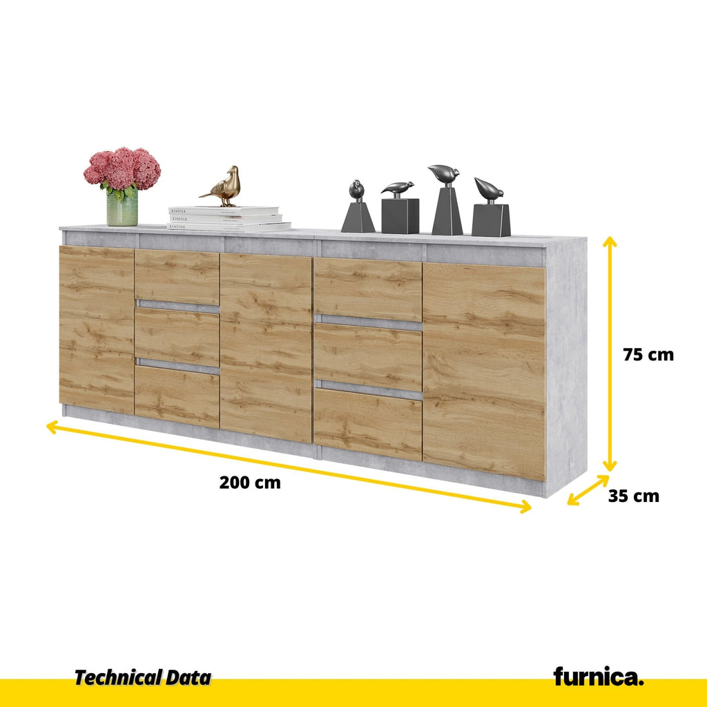 MIKEL - Cassettone con 6 cassetti e 3 ante - Credenza per camera da letto - Calcestruzzo / Wotan H75cm L200cm P35cm