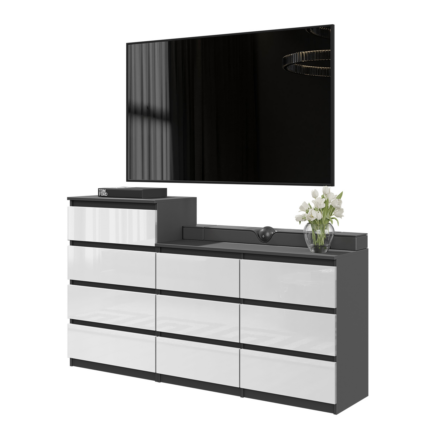GABRIEL - Cassettiera a 10 cassetti (6+4) - H92/70 cm L160 cm P33 cm - Antracite / Bianco Lucido