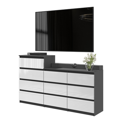 GABRIEL - Cassettiera a 10 cassetti (6+4) - H92/70 cm L160 cm P33 cm - Antracite / Bianco Lucido