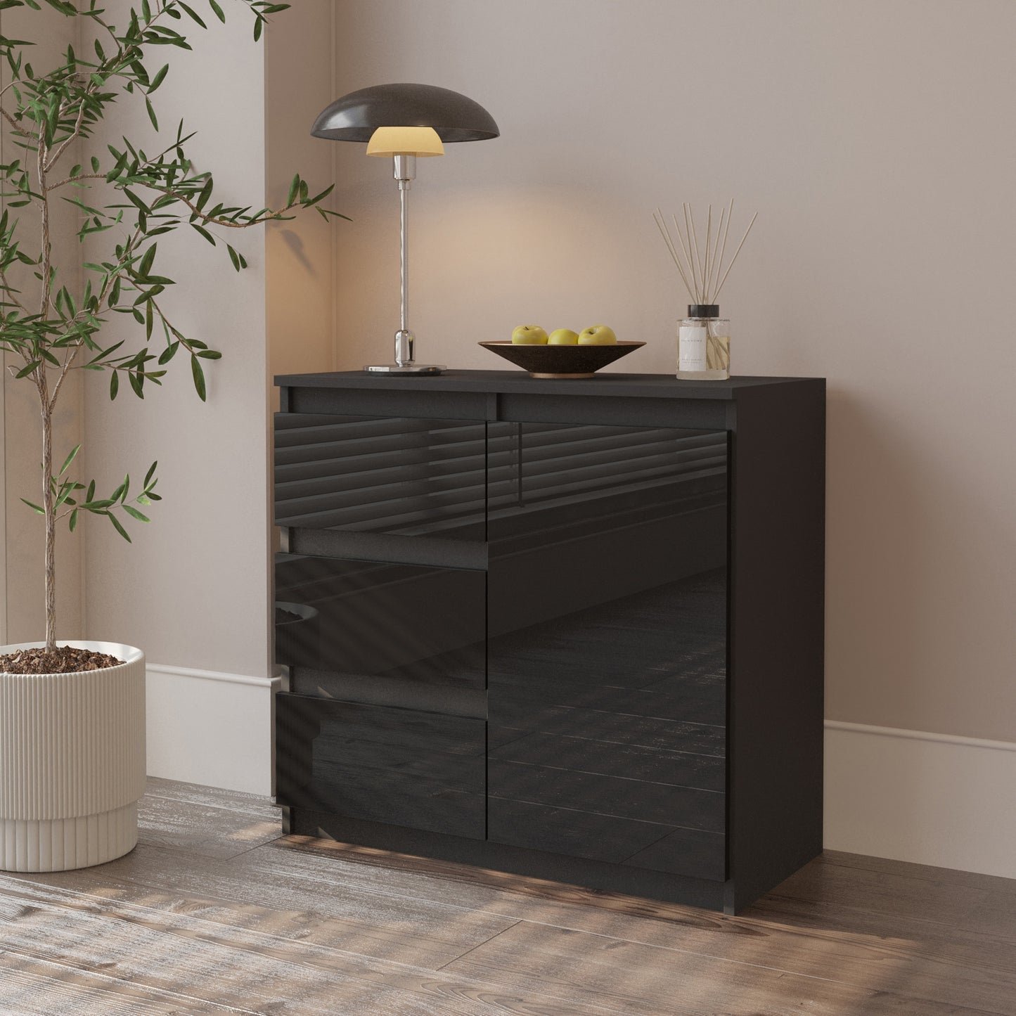 MIKEL - Cassettiera con 3 cassetti e 1 anta - Credenza per camera da letto - Antracite / Nero Lucido