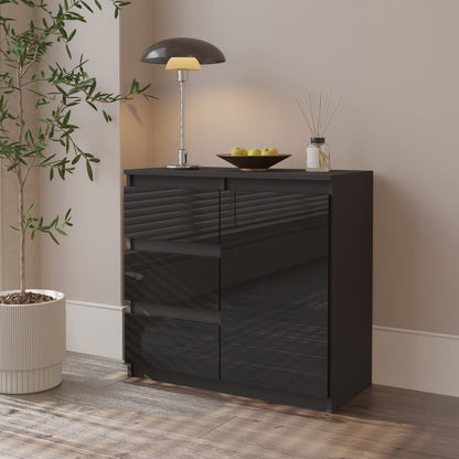 MIKEL - Cassettiera con 3 cassetti e 1 anta - Credenza per camera da letto - Antracite / Nero Lucido
