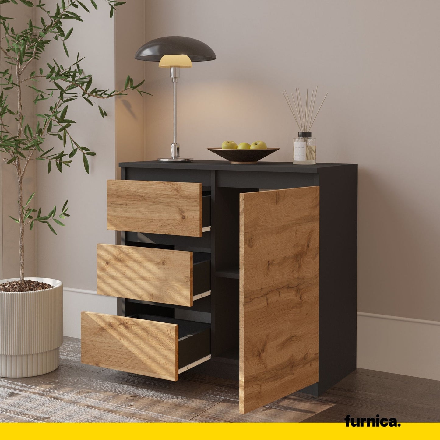 MIKEL - Cassettone con 3 cassetti e 1 anta - Credenza per camera da letto - Antracite / Rovere Wotan