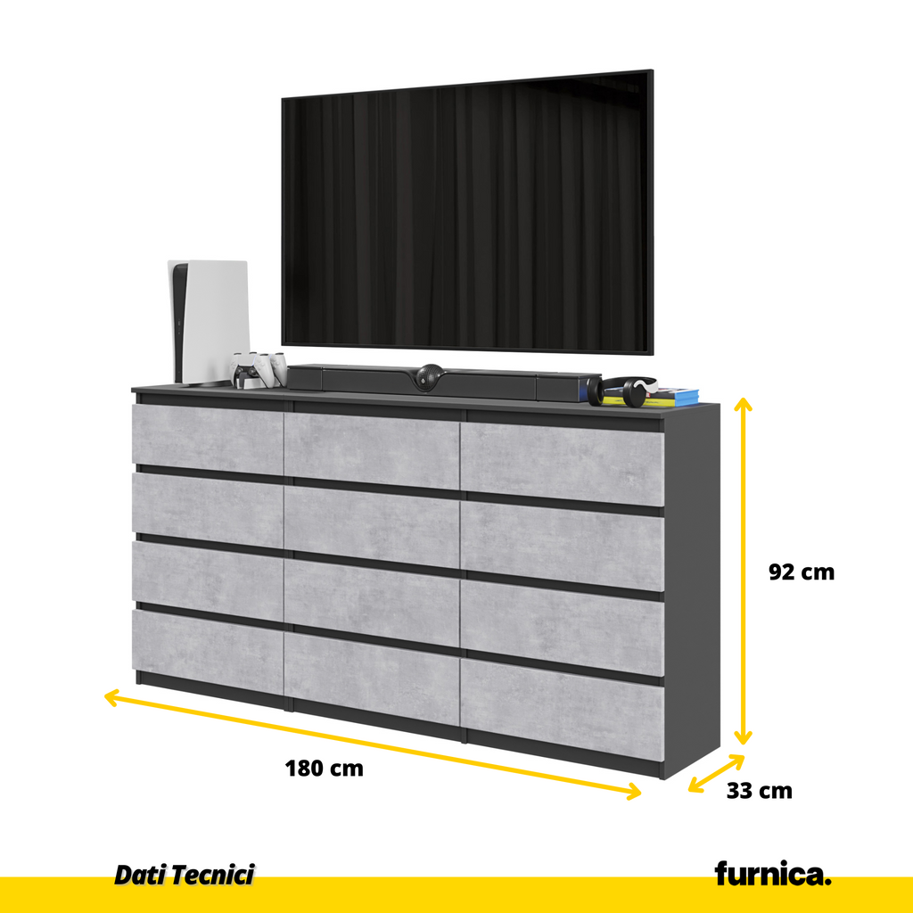 GABRIEL - Cassettiera a 12 cassetti (8+4) - Credenza per camera da letto - Antracite / Calcestruzzo