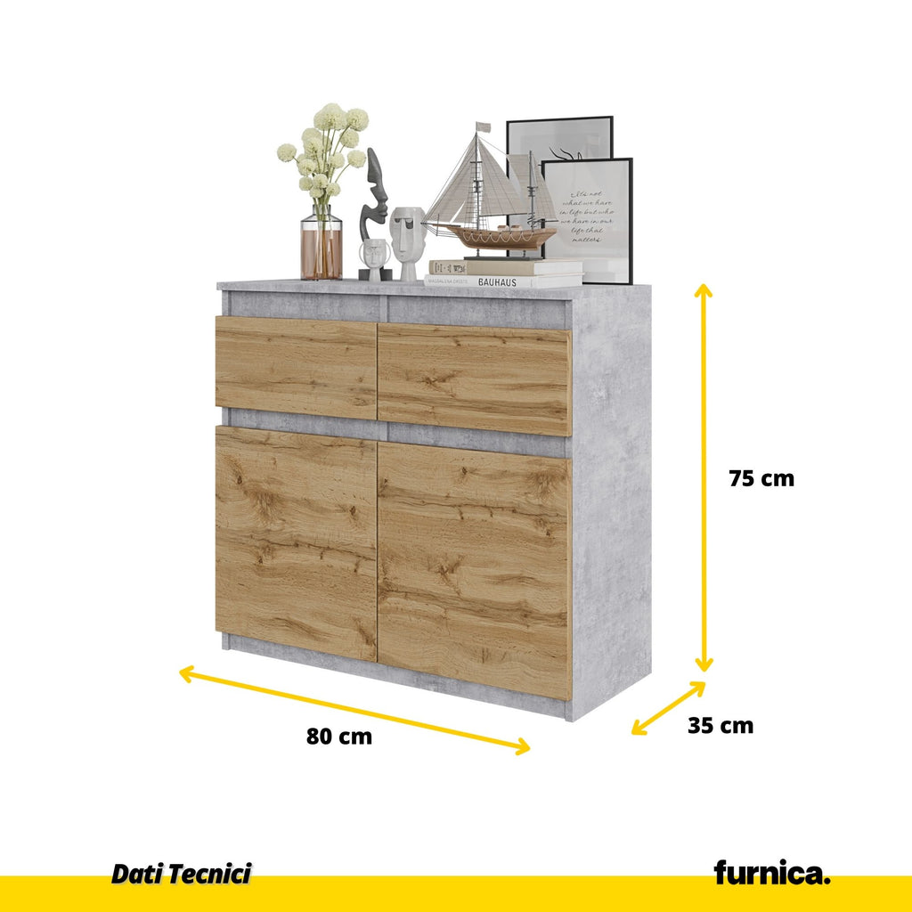 NOAH - Cassettiera con 2 cassetti e 2 ante - Credenza per camera da letto - Calcestruzzo / Quercia Wotan