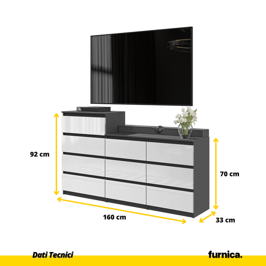 GABRIEL - Cassettiera a 10 cassetti (6+4) - H92/70 cm L160 cm P33 cm - Antracite / Bianco Lucido