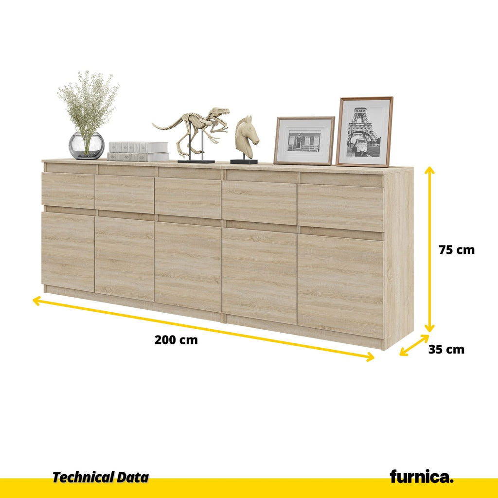 NOAH - Cassettiera a 5 cassetti e 5 ante - Credenza per camera da letto - Rovere Sonoma H75cm L200cm P35cm