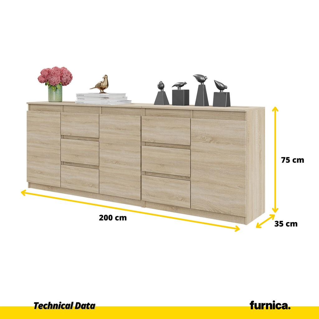 MIKEL - Cassettiera a 6 cassetti e 3 ante - Credenza per camera da letto - Rovere Sonoma H75cm L200cm P35cm