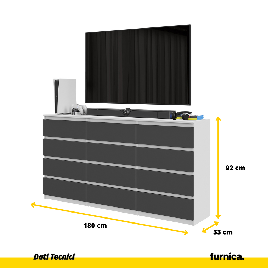 GABRIEL - Cassettiera a 12 cassetti (8+4) - Credenza per camera da letto - Bianco Opaco / Antracite